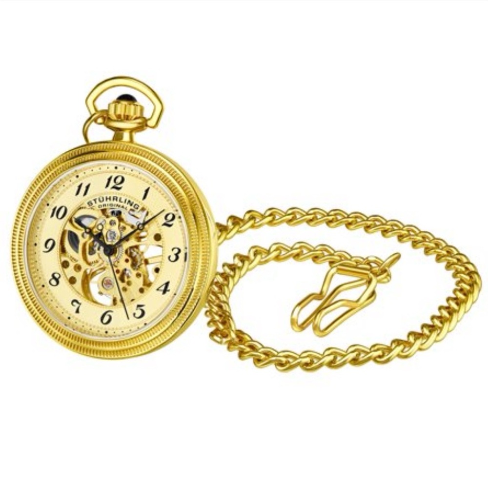 Stuhrling Men's Gold Tone Stainless Steel Chain Pocket Watch 48mm -